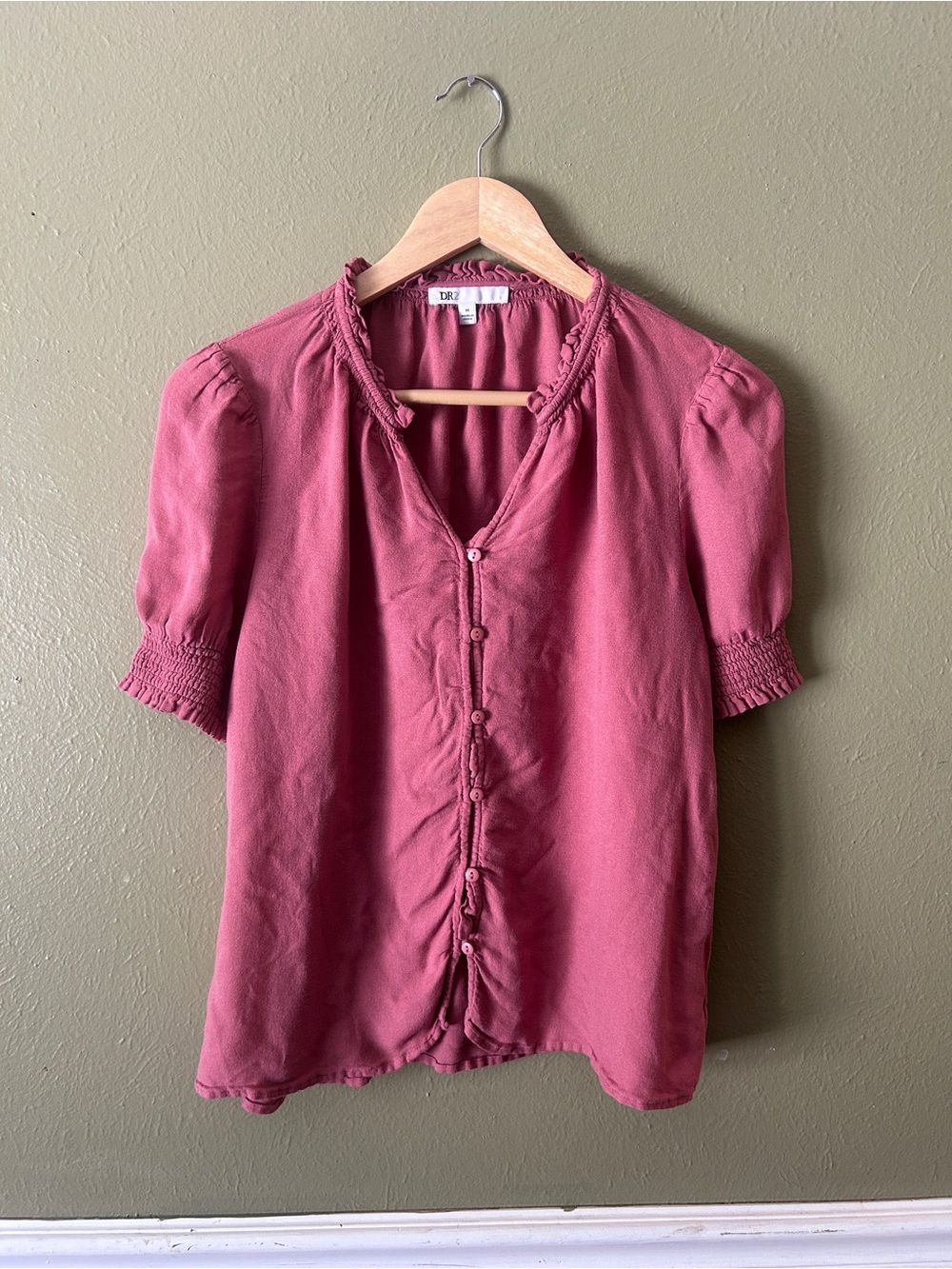 DR2 Rose-Pink Ruffle Trim Button-Front Fairy Boho Blouse